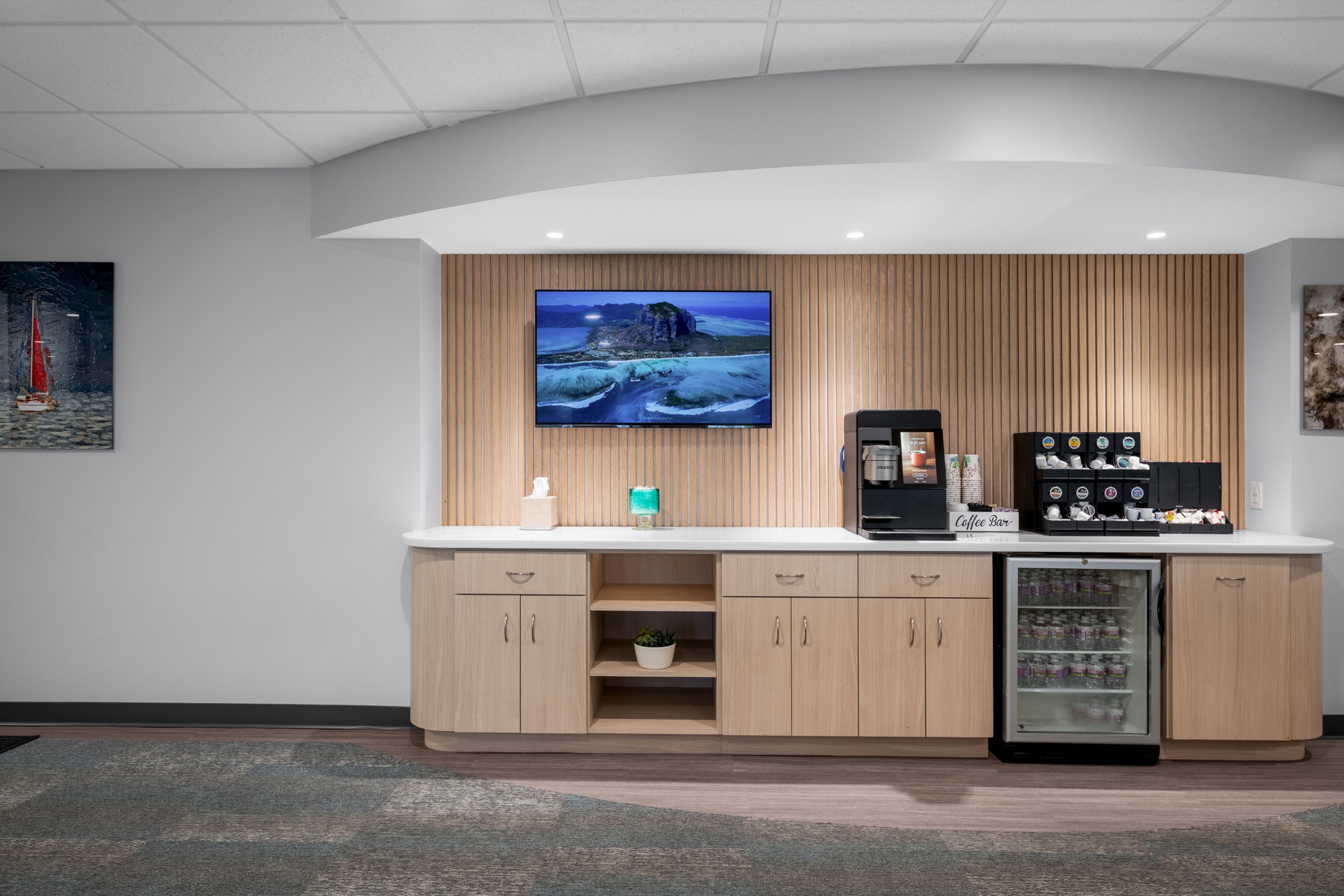 Patient refreshment station with coffee and bottled water